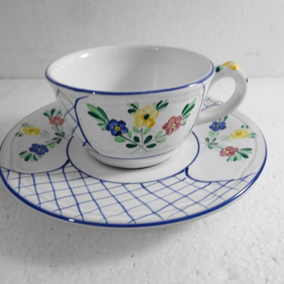Herend Village Pottery Cup & Saucer Set Trellis Blue Trim Handpainted in Hungary - Picture 1 of 4